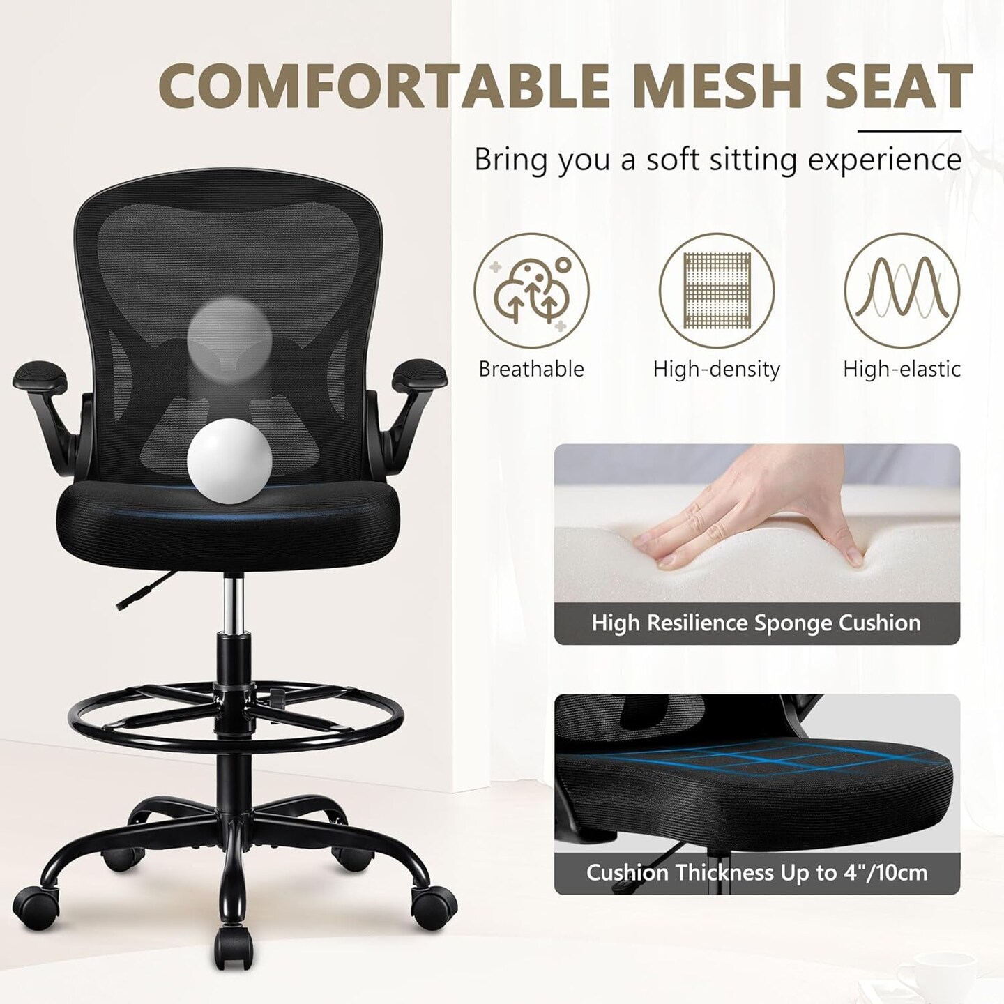 Drafting Chair, Tall Office Chair Ergonomic Standing Desk Chair, Lumbar Support Computer Chair Swivel Task Rolling Chair with Adjustable Flip-up Armrests &#x26; Foot Ring (Black)