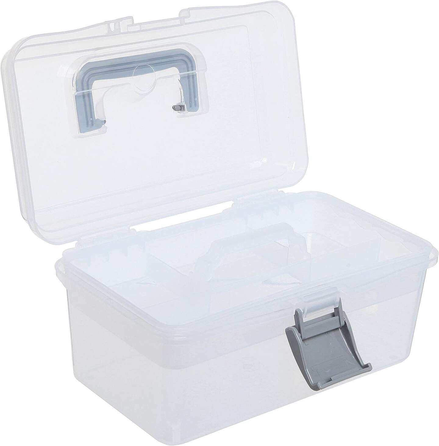 10.2 Inch Transparent Plastic Empty Multipurpose Tackle Box with Gray Handle and Removable Tray for Tools, First Aid, Sewing Kit, Arts Crafts Supplies Storage