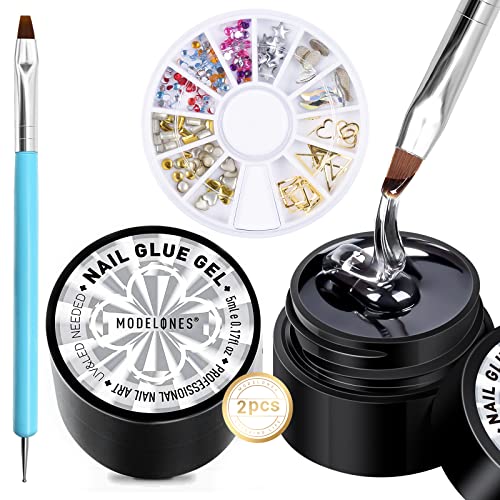 4 Pieces Set Rhinestone Glue for Nail, No Wipe Nail Gem Glue, Super Strong Adhesive Glue Gel with Nail Charms &#x26; Dual-Use Nail Brush for Nail Rhinestones/Nail Jewelry/Nail Diamonds