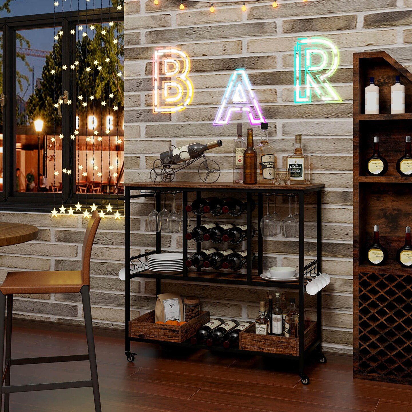 Costway 3 Tiers Bar Cart Home Serving Cart on Wheels with Glass Racks Wine Holders Rustic Brown/Vintage Brown