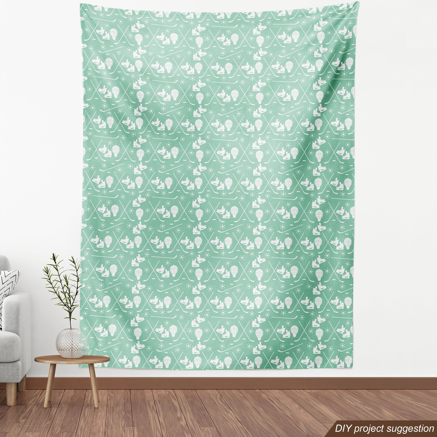 Ambesonne Ice Skates Fabric by the Yard, Pattern of Goalkeeper Hockey Stick Snowflakes Sports Equipment, Decorative Fabric for Upholstery and Home Accents, Peacock Green and White