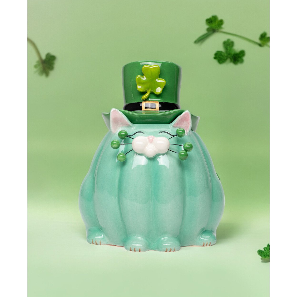 Ceramic Saint Patrick Whisker Cat Candy Box 6.5 Inch Green Decor