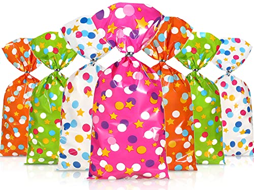 100 Pieces Cellophane Treat Bags, Polka Dots Goodie Bags Star Party Favor Candy Bags with 100 Twist Ties Rainbow Stars Theme for Birthday Baby Shower Pride Day School Supplies (Dot Style)