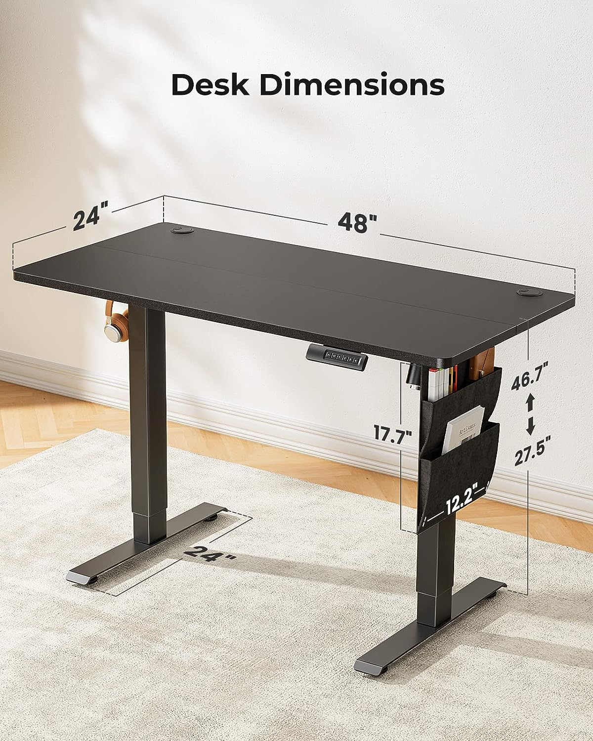 Standing Desk Adjustable Height,&#x200E;48x24 Inch Electric Standing Desk, Stand up Desk with Storage Bag,Headphone Hook for Computer Workstations Desk Memory Preset