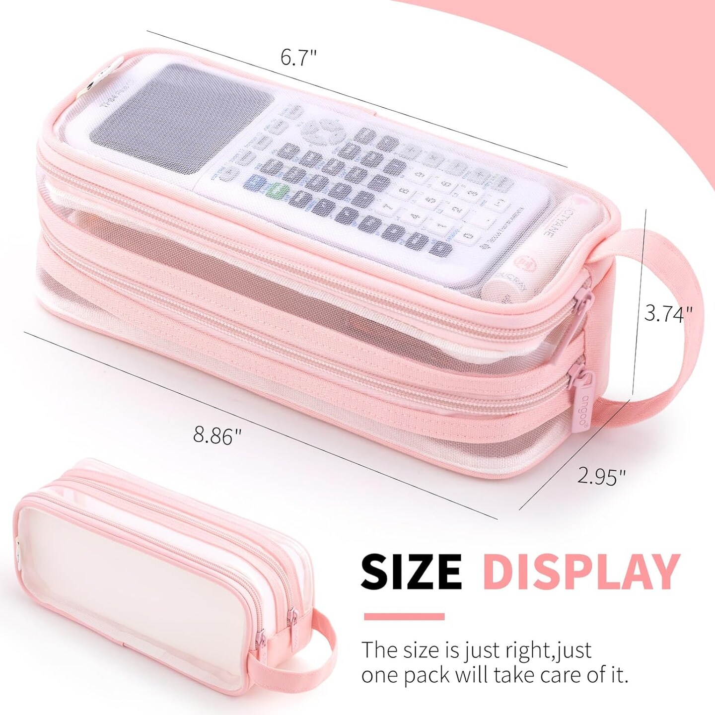 Large Grid Mesh Pencil Case 2 Compartment Pen Bag Clear Handheld Multifunction Pencil Pouch Transparent Makeup Bag for Teen Student College Business Travel Office Adult - Pink