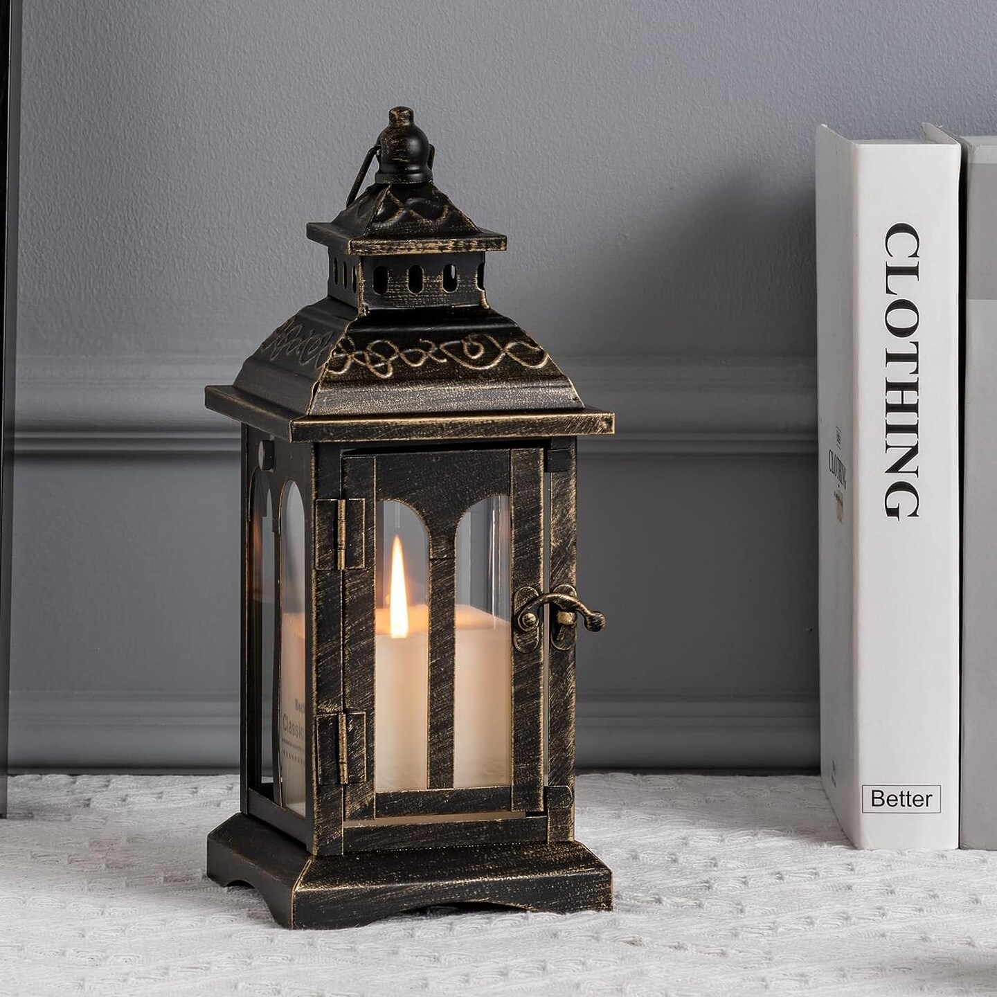 Indoor and outdoor decorative candle lanterns made of vintage metal, perfect for front porches, patios, wedding parties, and Christmas décor (black with copper brush).