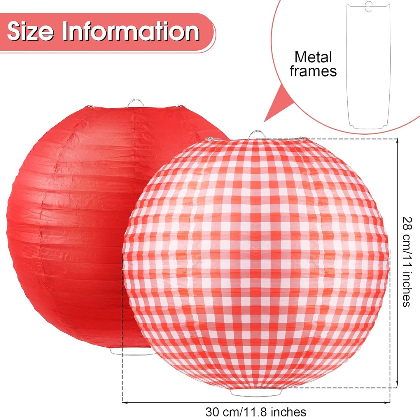 Ten Pieces of Party Decor for a Picnic Round hanging red paper lanterns in pure red, white, and red plaid for summer barbecues, birthday celebrations, holidays, picnics, and parties