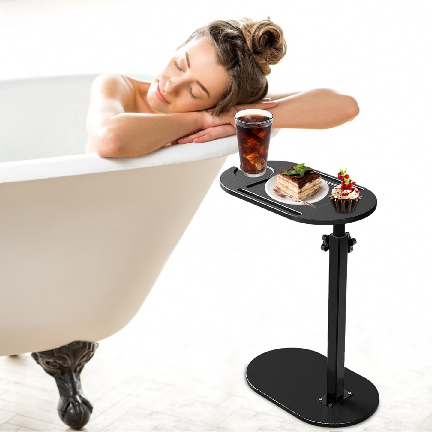 C-Shaped Bathtub Tray Table With Adjustable Height 360° Rotatable Desktop Freestanding Bath Caddy Against Wall Couch Bed Sofa Side Table