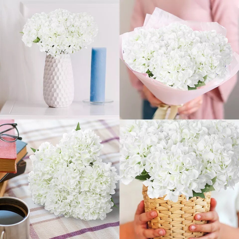 5 Pcs Artificial Silk Hydrangea Flowers 18&#x27;&#x27; White Bouquet