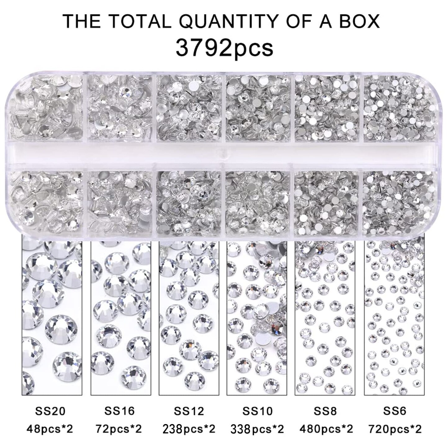 12 Grids 3792pcs Pieces Clear Flatback Rhinestones for Crafts,White Nail Gems Gemstones Crystals Jewels,Craft Glass Diamonds Stones Bling Rhinestone with Tweezers and Picking Pen(SS6~SS20 Crystal)