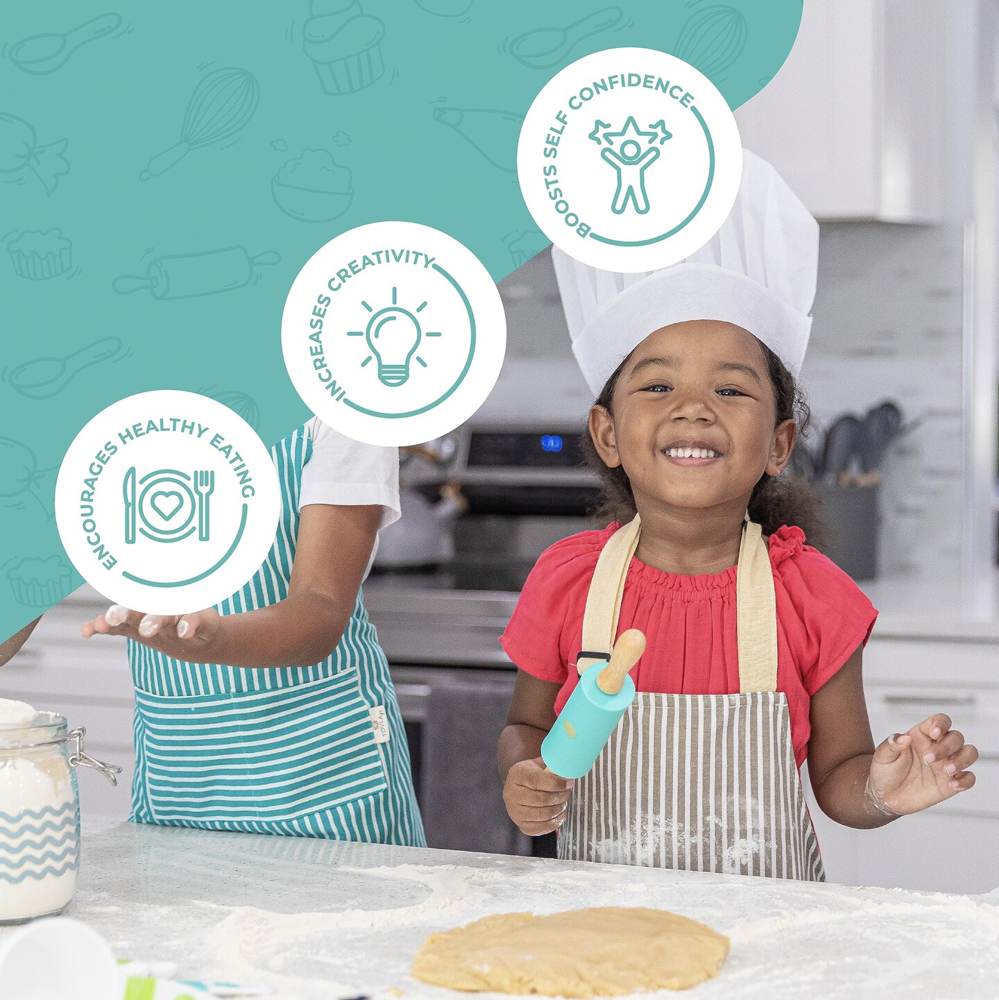 4 Pieces Kids Cooking Utensils Set - Kids Kitchen Tools - Safe Kids Baking Set - Food Grade Toddler Chef Supplies - Gender Neutral Silicone Cookware Kit with Spatula Whisk Tongs Rolling Pin