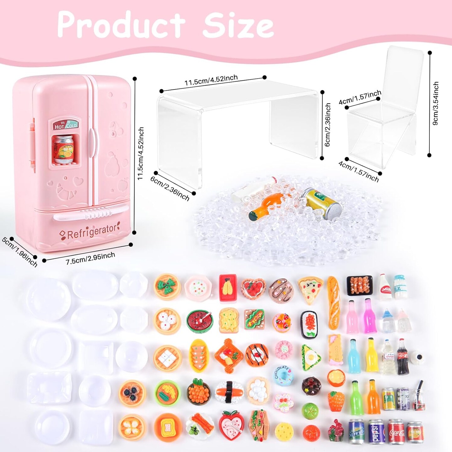 95 Pieces Dollhouse Refrigerator Mini Fridge Table Dining Car Toy with Food Set Kitchen Furniture Miniatures. Party Fruits Juice Milk Desserts for Children: Drink Cake, Pretend Play, and Fake Ice Cubes