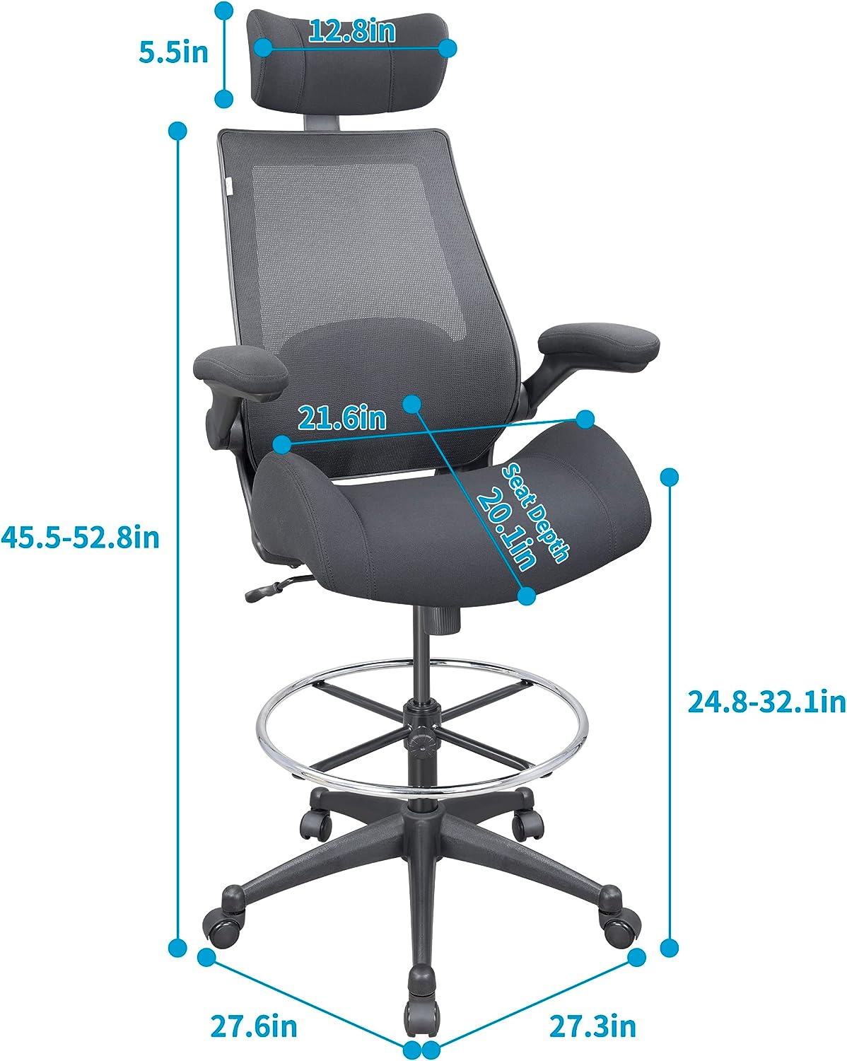 400lbs High-Back Mesh Ergonomic Drafting Chair,Tall Office Chair, Standing Desk Chair,Adjustable Headrest,with Flip-Up Arms,Lumbar Support Swivel Computer Task Chair-Black