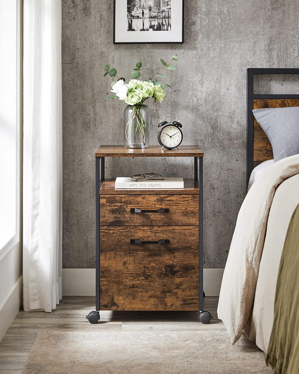 File Cabinet, Mobile Filing Cabinet with Wheels, 2 Drawers, Open Shelf, for A4, Letter Size, Hanging File Folders, Rustic Brown and Ink Black UOFC71X