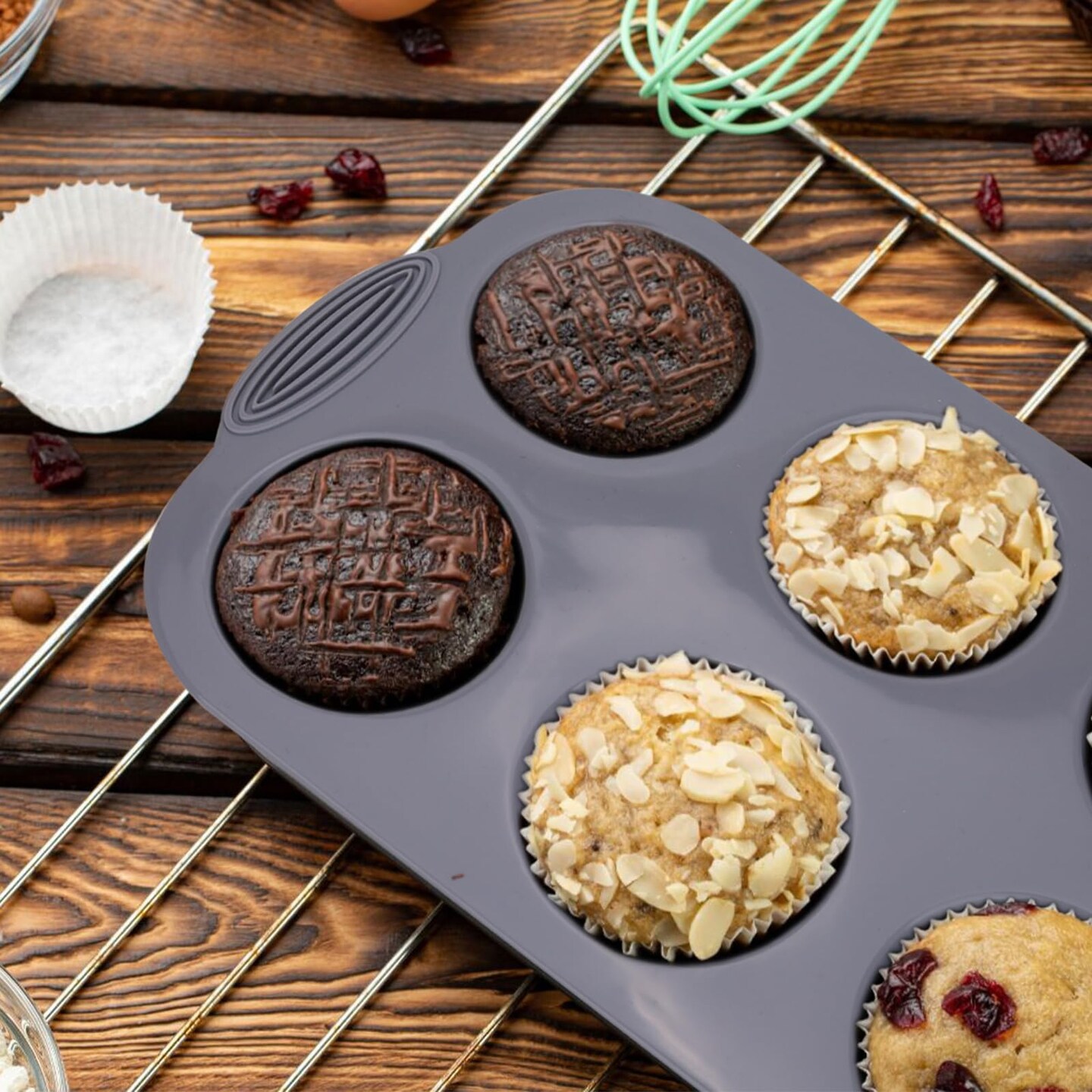 3 Pieces Silicone Muffin Pan - 6-Cavity Nonstick Baking Tray for Muffins, Cupcakes, Brownies and More - Food Grade and BPA Free - (Gray, Orange, Peacock Blue)