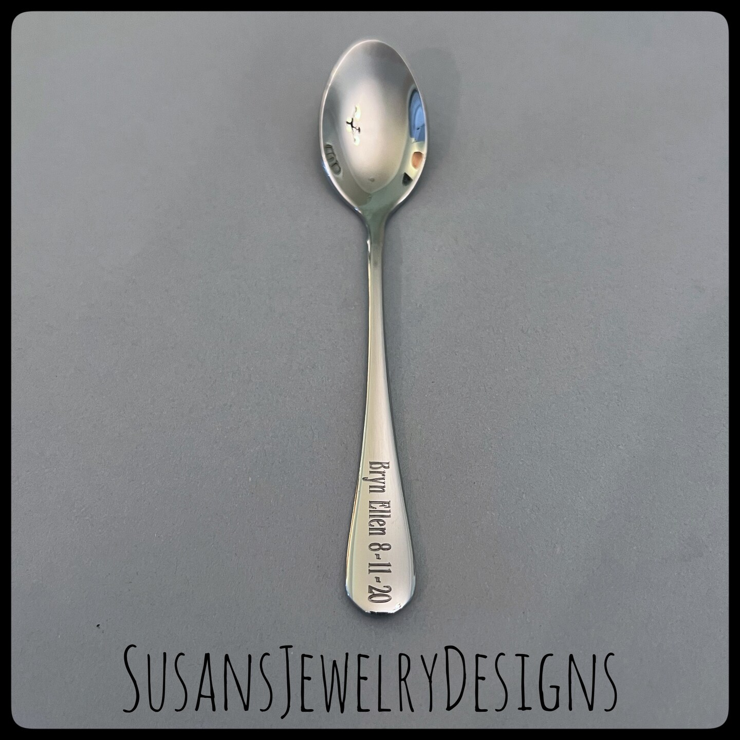 Engraved baby spoon, baby shower gift, new mom baby, name date spoon, personalized, custom wording, unisex, silver stainless steel, benguiat product 6