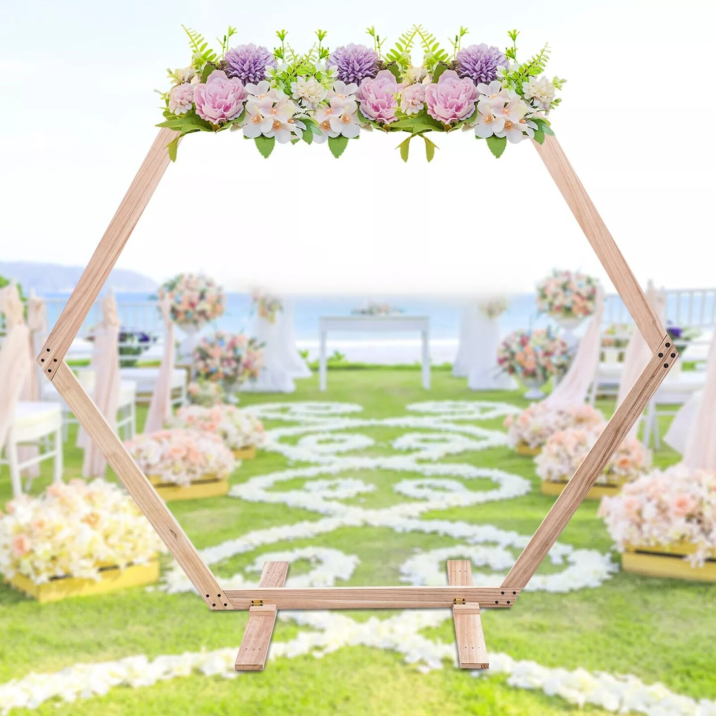 7.6 FT Hexagon Wood Wedding Arch Frame Decor Wood Hexagon Arch Backdrop Stand