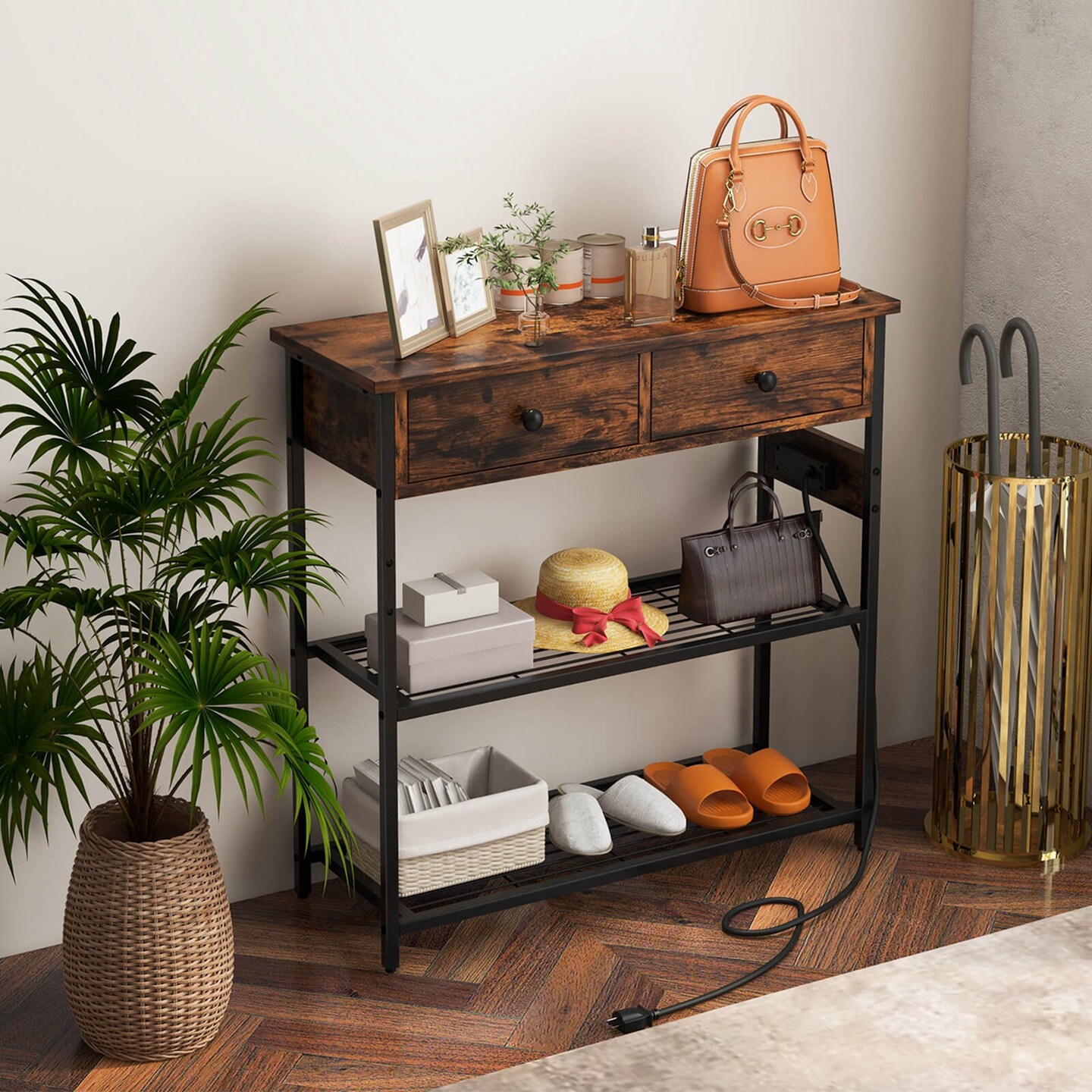 Costway Entryway Table with Charging Station Narrow Console Table with 2 Drawers Brown/Oak