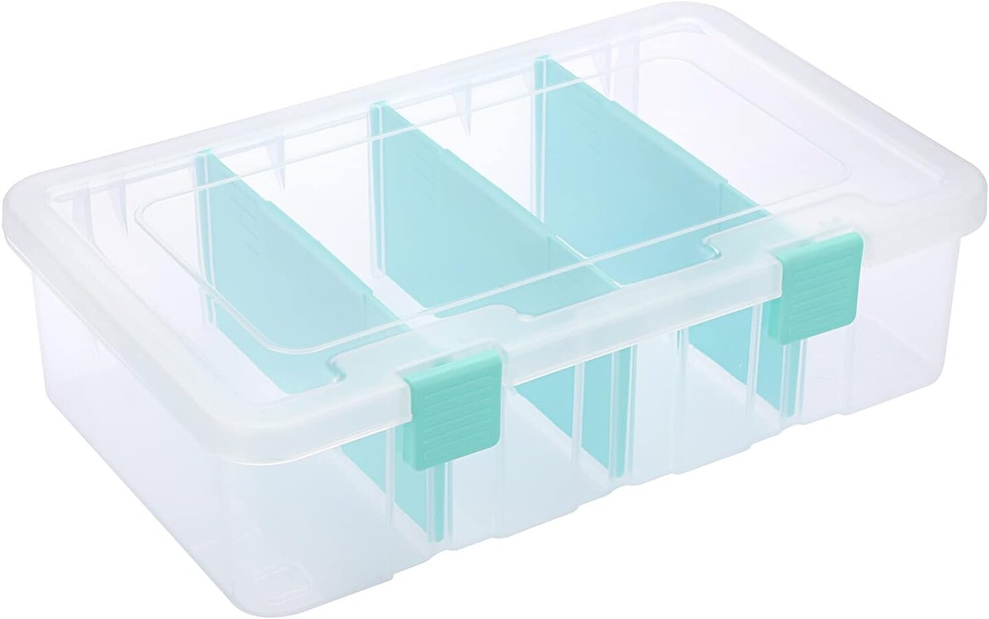 Clear Plastic Dividing Storage Box with 4 Compartments Adjustable Storage Bin with Lid Plastic Craft Storage Container Multipurpose Sewing Box Art Supply Organizer, 13.3x8.1x3.4 Inches
