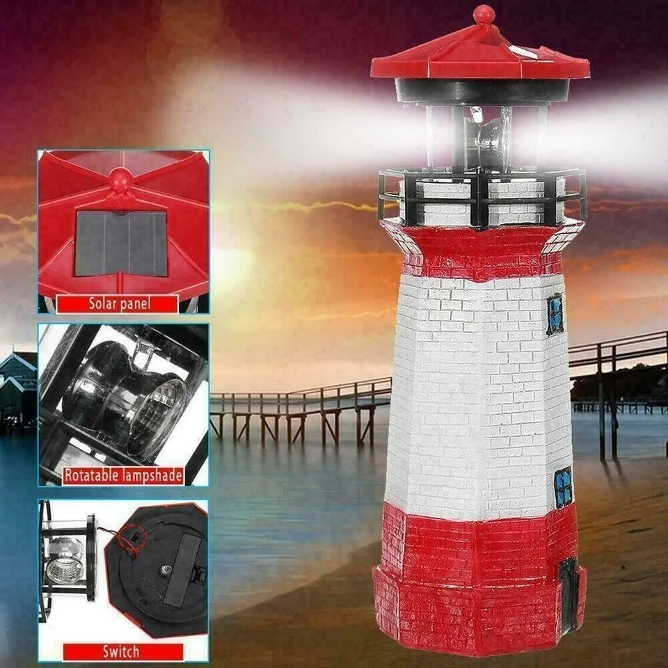 Solar Powered Lighthouse Lawn Ornament LED Light up Garden Backyard Decor