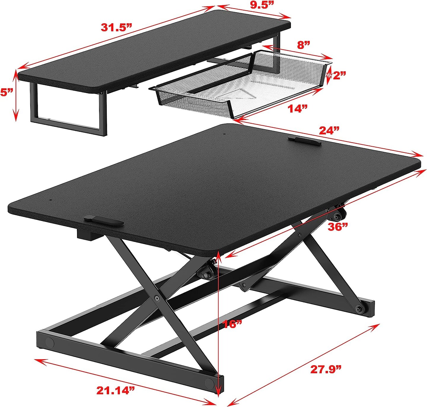 36-Inch Height Adjustable Standing Desk Sit to Stand Riser Converter Workstation, Black