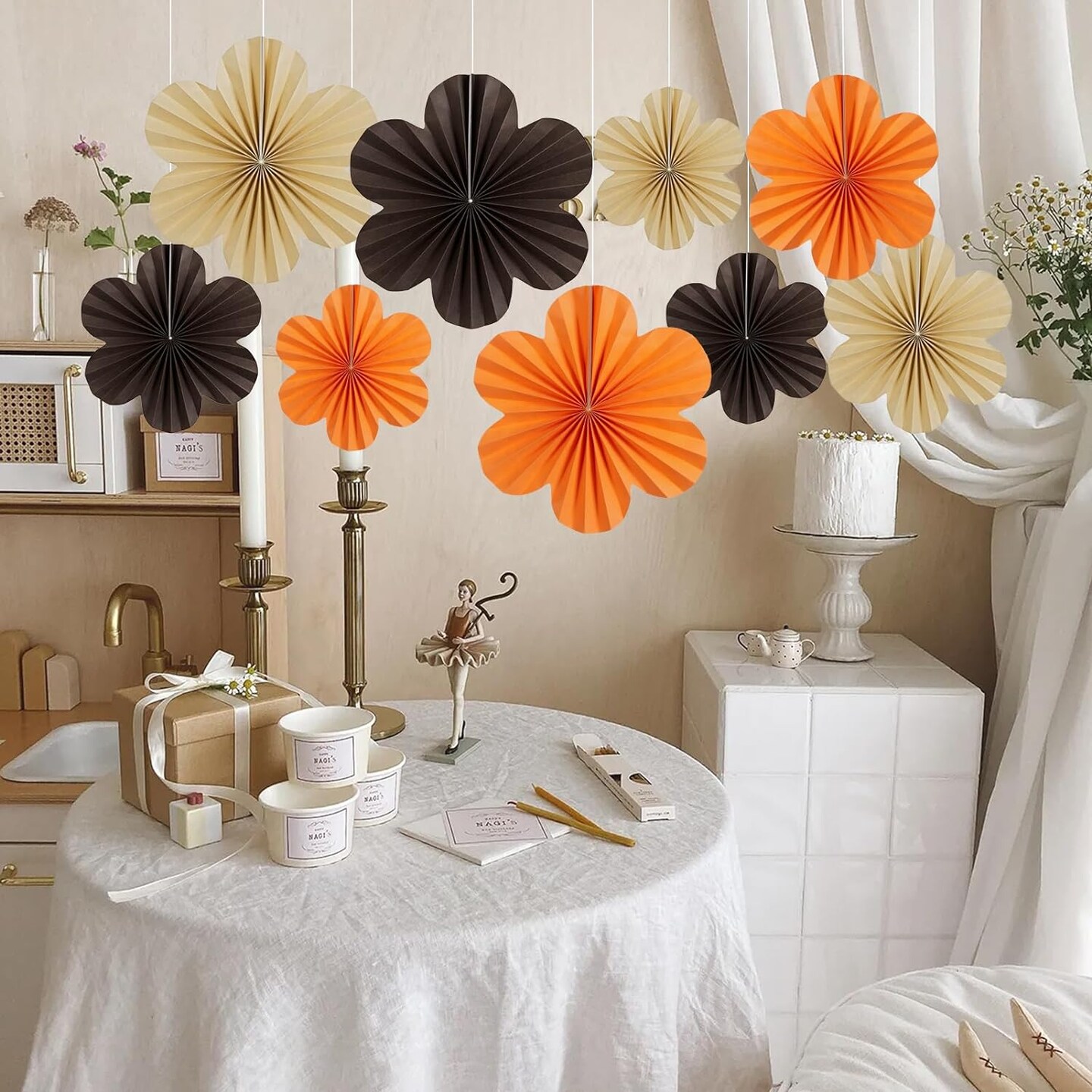 Paper Flower Decorations for Wall Paper Fans Classroom Decoration Paper Floral Backdrop Hanging paper fans for decoration. Brown Flower Wall Decor, Set of 9.