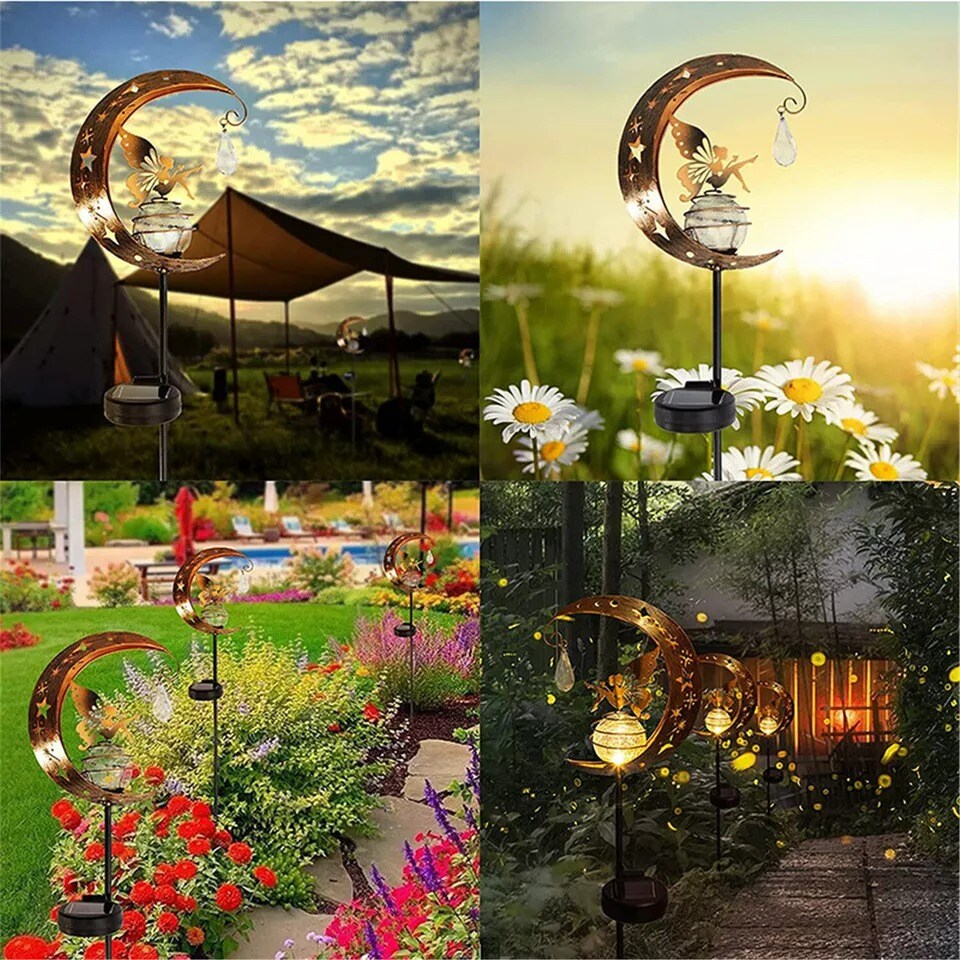 Solar Garden LED Lights Outdoor Metal Decorative Stake Light Crackle Glass Globe