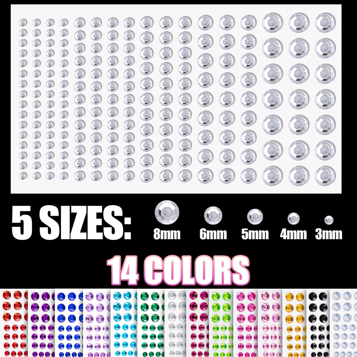 2758 Pieces of Rhinestone Stickers 3/4/5/6/8mm with 14 Colors Self Adhesive Face Gems, Stick on Body Crystal Jewels with Quick Dry Makeup Glue for Face Eye Hair Nails Make up and Craft DIY Decorations