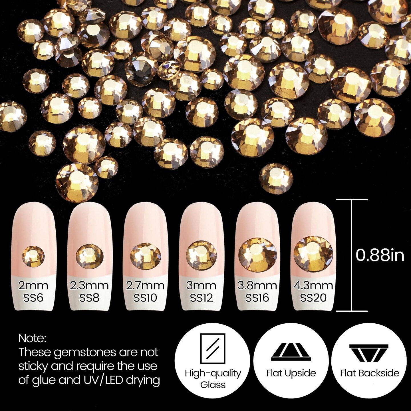 2120 Pieces Champagne Gold Crystal Nail Rhinestones Round Beads Multi Shapes Sizes Flatback Glass Gems Stones for Nail DIY Crafts Clothes Shoes Jewelry