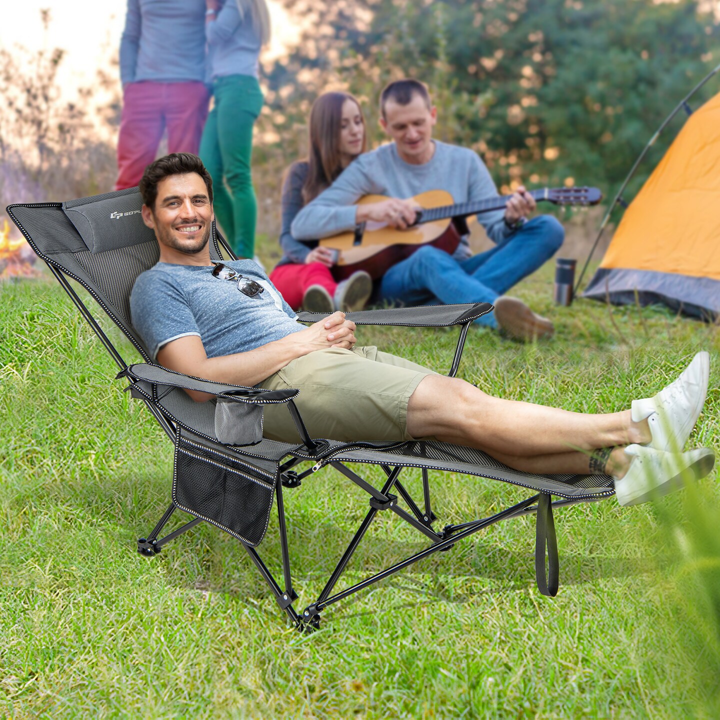 Camping Lounge Chair With Detachable Footrest Adjustable Backrest