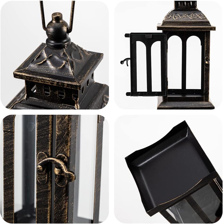 Indoor and outdoor decorative candle lanterns made of vintage metal, perfect for front porches, patios, wedding parties, and Christmas décor (black with copper brush).