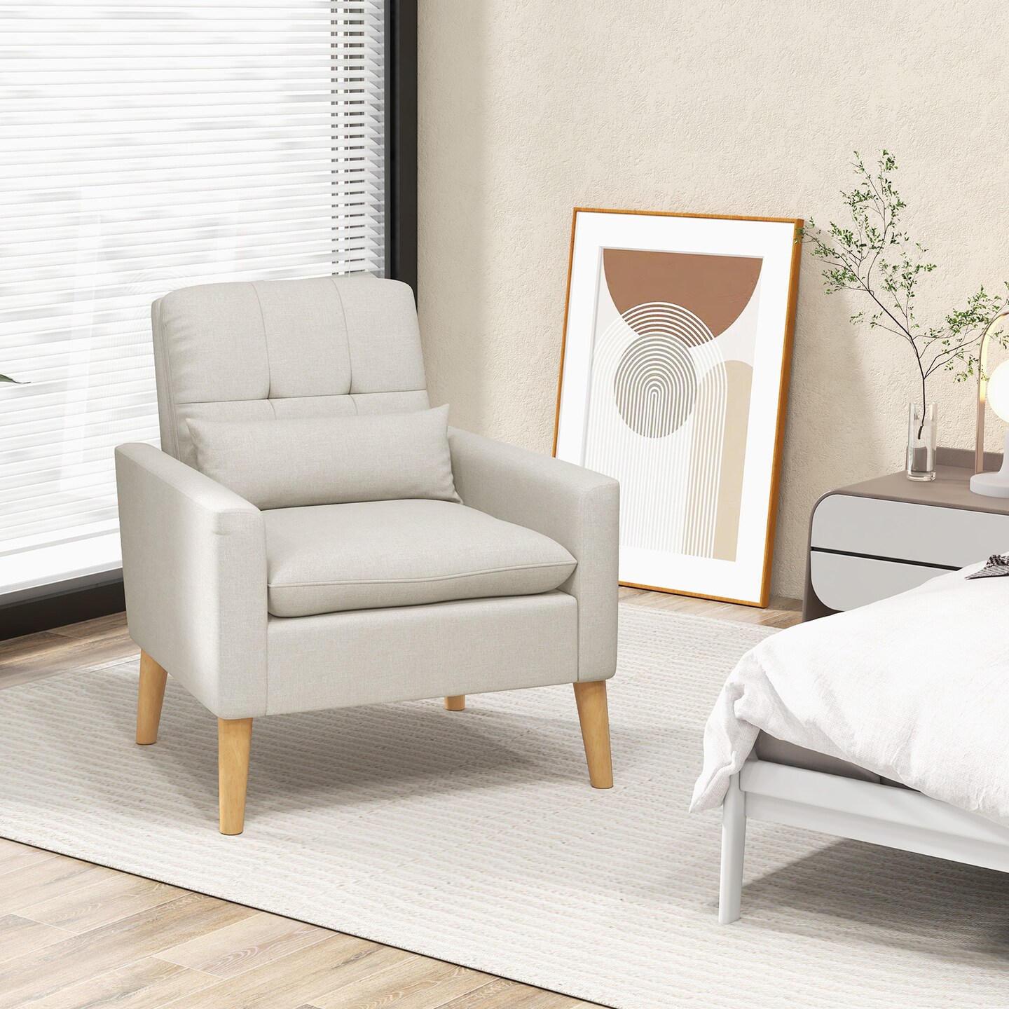 Accent Chair With Lumbar Pillow  Natural Rubber Wood Legs  Padded Cushions-beige