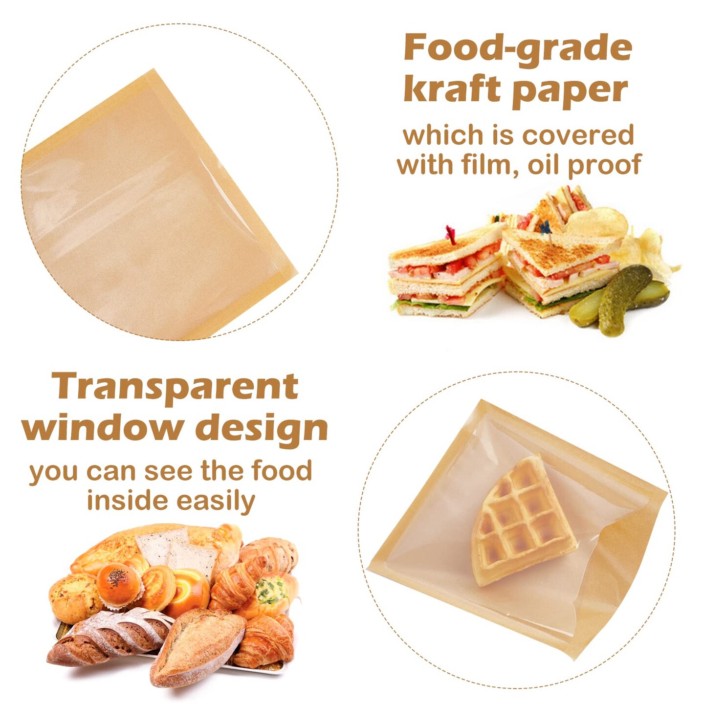 100 Pieces Heat-Sealable Bakery Bags with Window for Egg Sandwich, Donut, Cookies Packaging, 7.1x7.5 Inches Clear Front Paper Treat bags To go, Grease-Resistant (100)