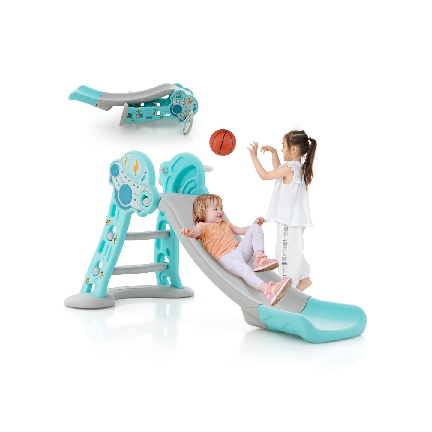 3-in-1 Folding Slide Playset With Basketball Hoop And Small Basketball