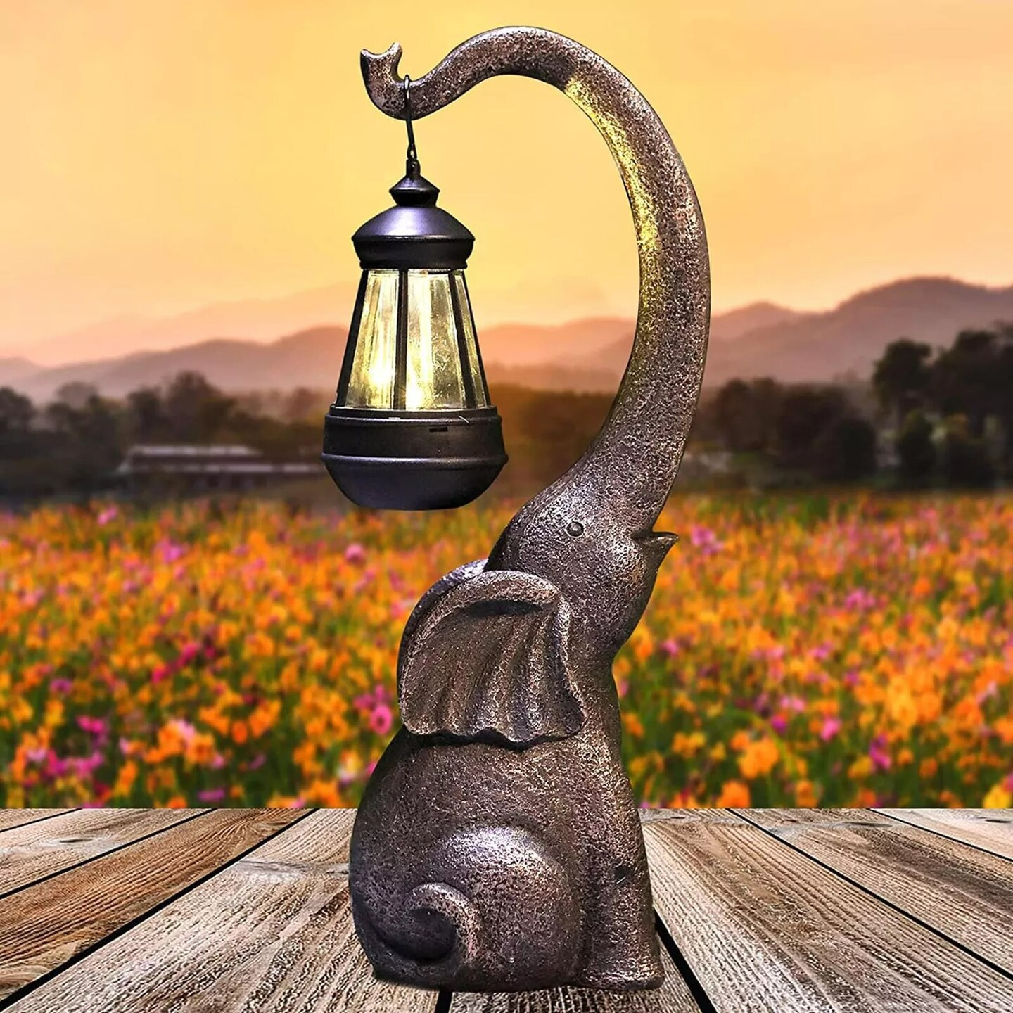 Solar Powered Retro Garden Lights Lamp Elephant Decor Resin Craft Yard Ornament