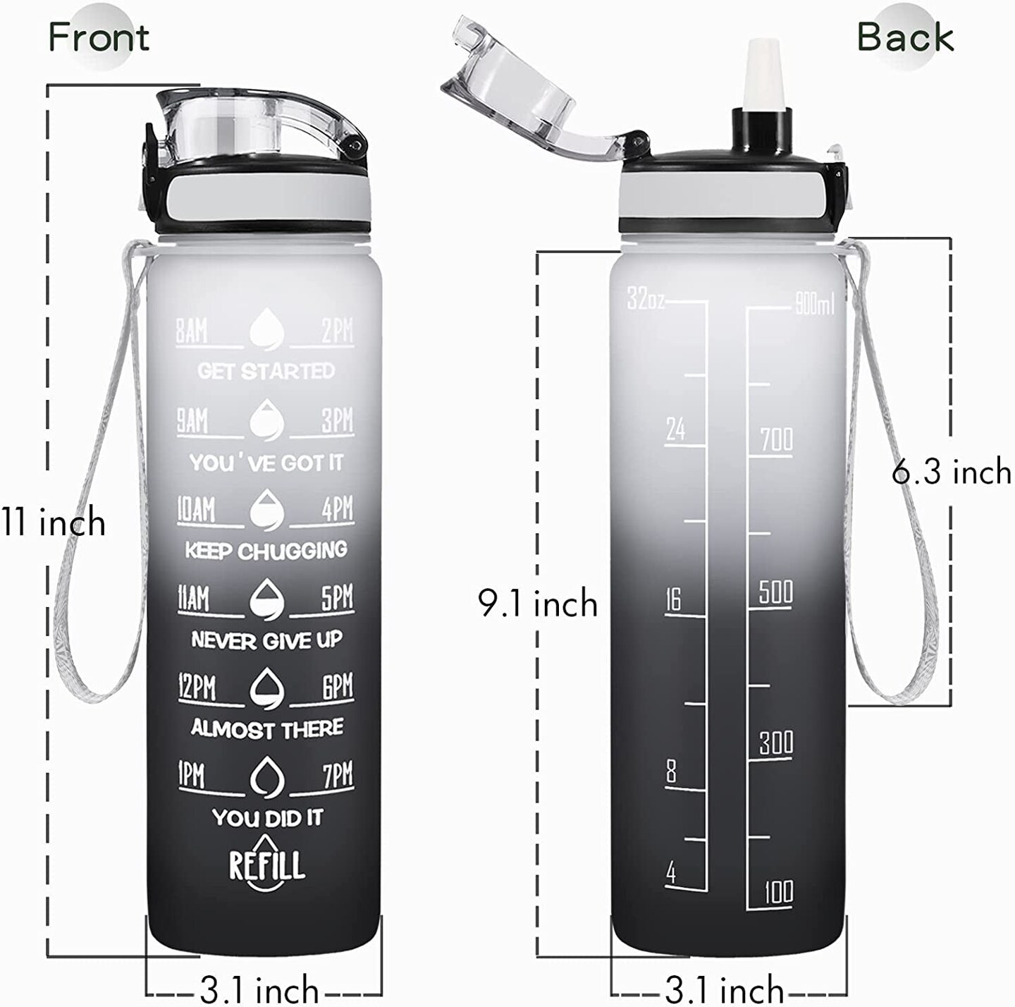 32 Oz Water Bottle, Leakproof BPA &#x26; Toxic Free, Motivational Water Bottle with Times to Drink and Straw, Fitness Sports Water Bottle with Strap for Office, Gym, Outdoor Sports, Gray-Black