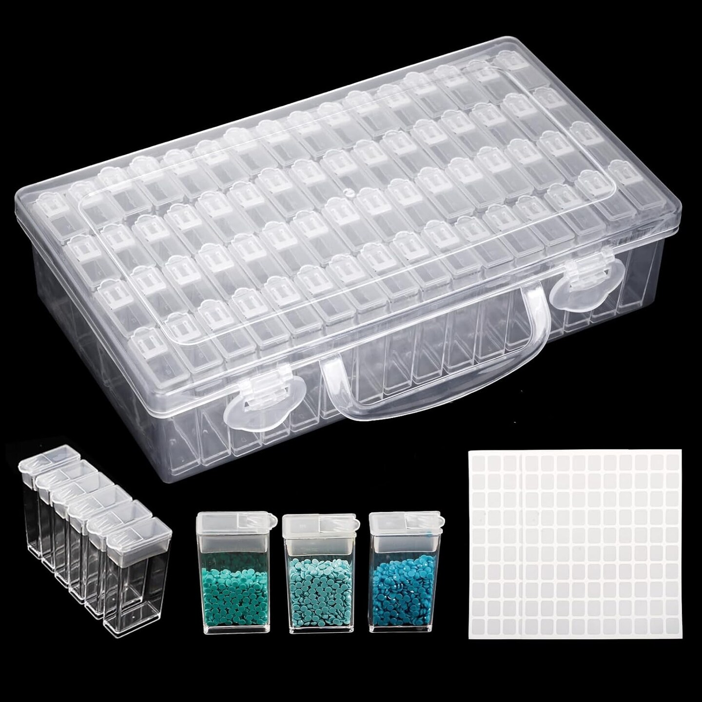 1 Pack 64 Grids Diamond Painting Tool Box Container Craft Storage with Adjustable Dividers for Beads, Art DIY, Crafts, Jewelry, Plastic Organizer with Label Stickers