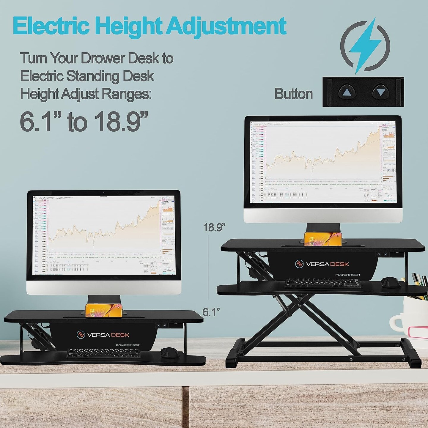 32" x 24" Electric Standing Desk Converter for Dual Monitor, Laptop Workstation with Wide Keyboard Tray, 32 Inch Height Adjustable Sit to Stand Desk Riser, Black
