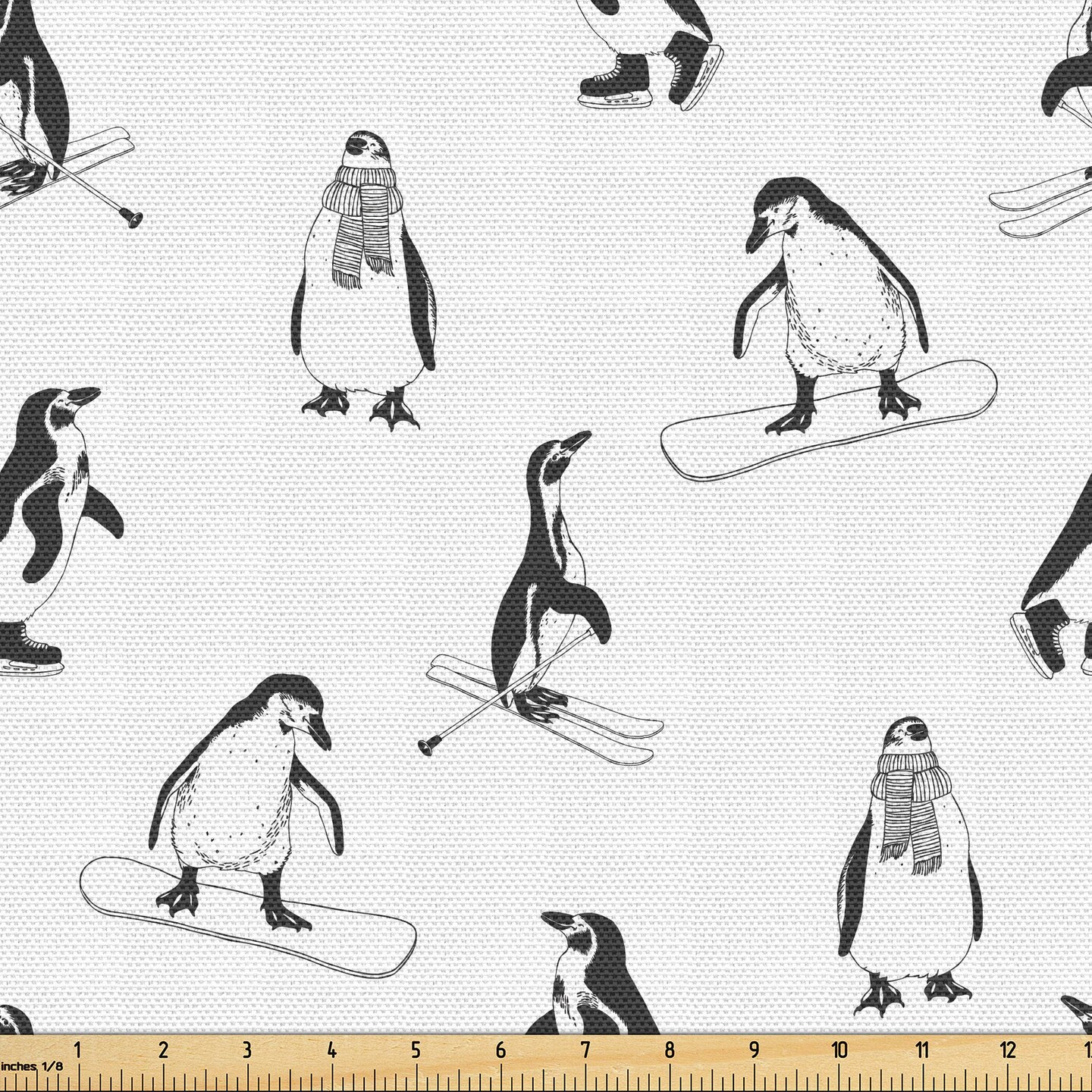 Ambesonne Penguin Fabric by the Yard, Skiing Penguins on Snowboards Winter Sports Themed Pattern Animal Bird with Scarf, Decorative Fabric for Upholstery and Home Accents, White Black
