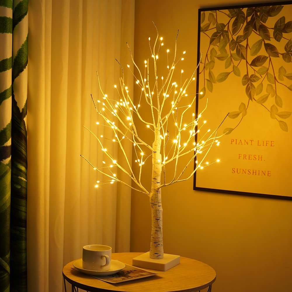 Birch Tree with LED Lights, 2FT, 144 LEDs Warm Light Easter Tree, White Lighted Tabletop Tree, Battery Operated with Timer for Home Indoor Decoration.
