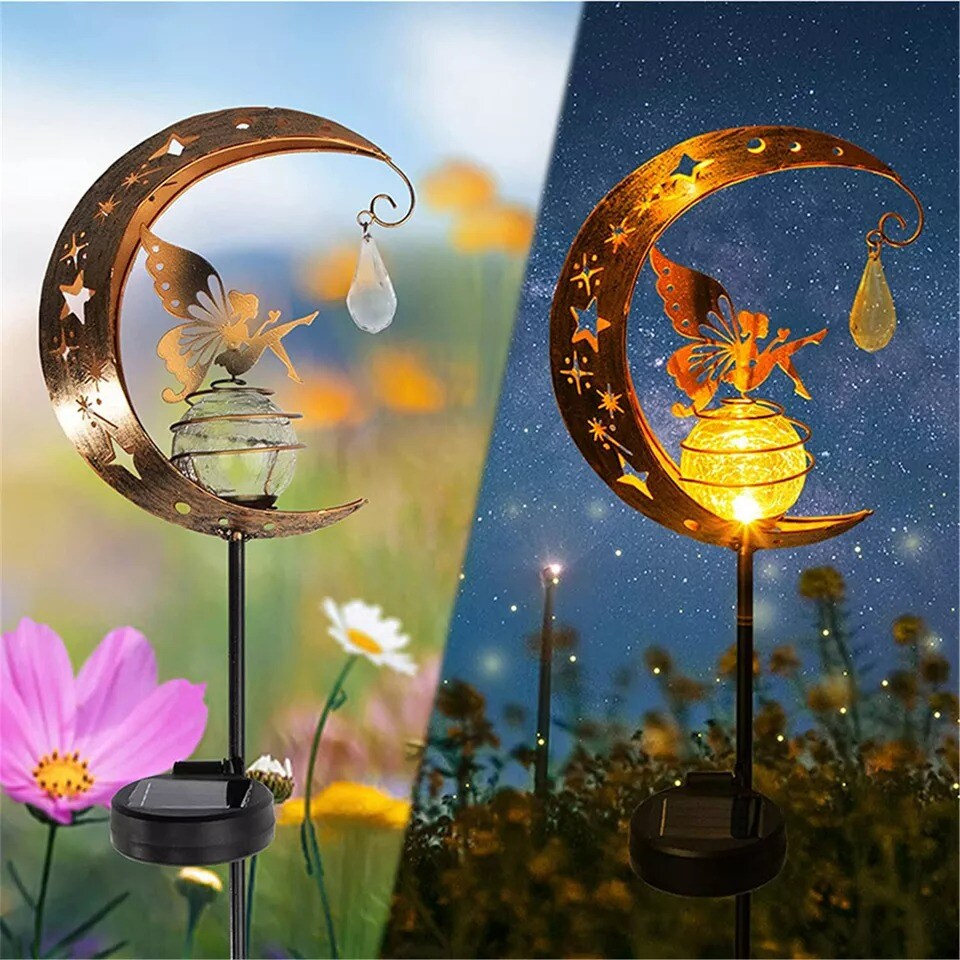 Solar Garden LED Lights Outdoor Metal Decorative Stake Light Crackle Glass Globe