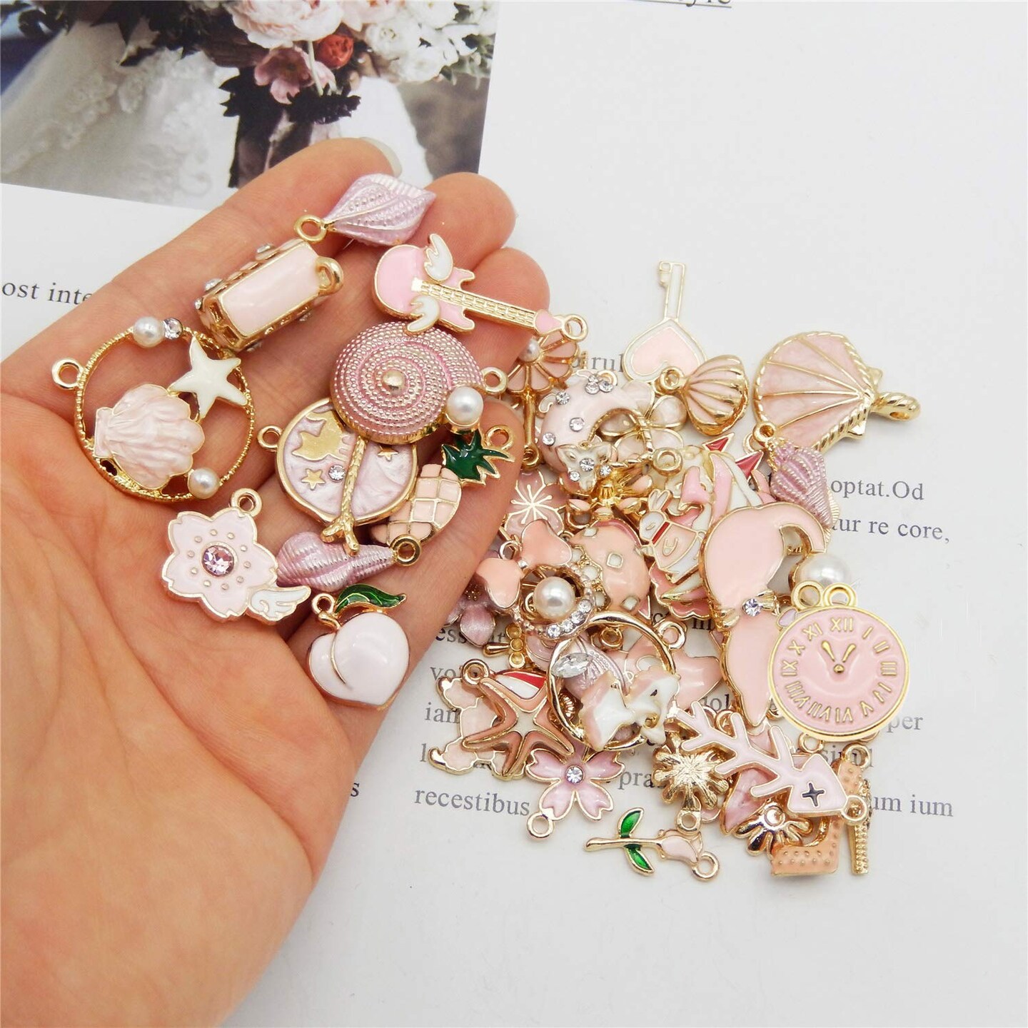 JJGQAZ 40pcs(20PAIRS) Assorted Gold Plated Enamel Animals Fruit Moon Star Dainty Dangle Flowers Pendants Charms for Jewelry Making Necklace Bracelet, Pink Theme