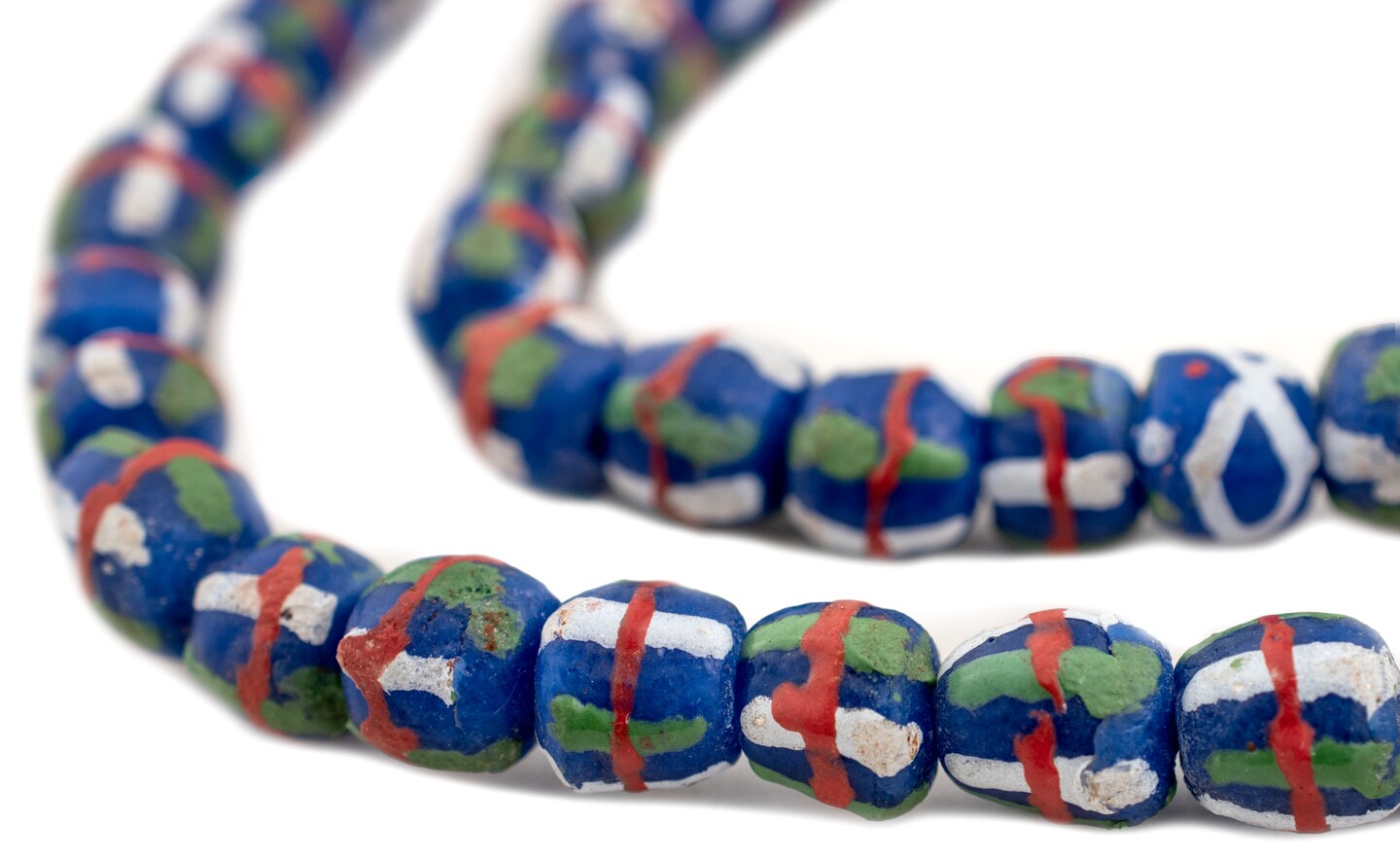 TheBeadChest Blue French Cross Krobo Beads 11mm Ghana African Round Glass Large Hole 28 Inch Strand Handmade