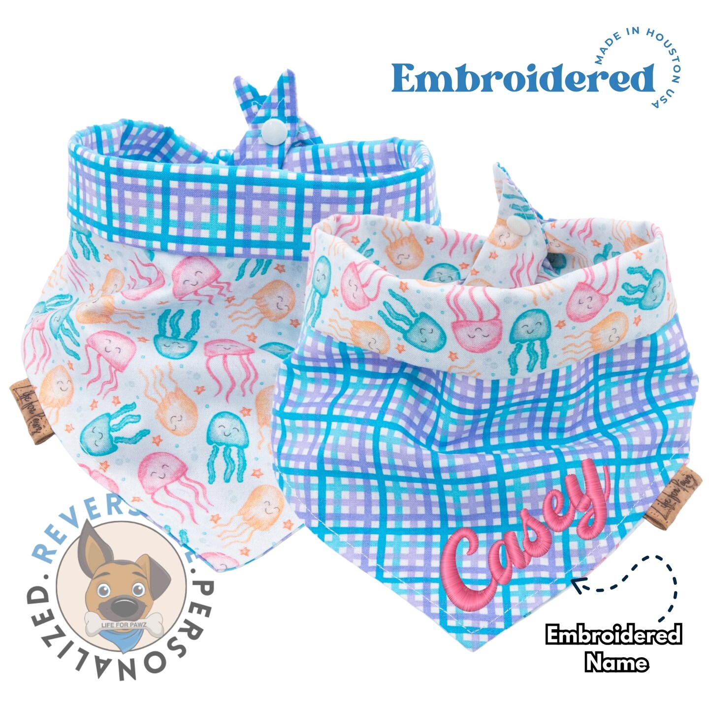 Personalized Summer Dog Bandana - Jellyfish Blue Plaid Reversible Dog Bandana - Custom Pet Bandana with Name Embroidery - Dog Mom Gift product 2