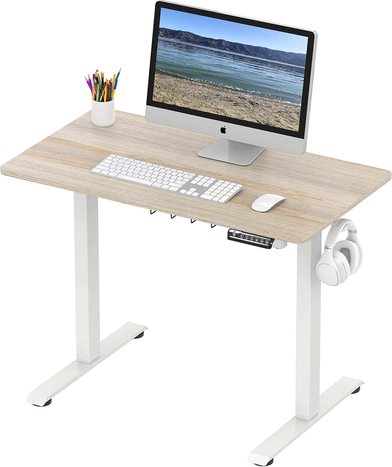 Small Electric Height Adjustable Sit Stand Desk with Hanging Hooks and Cable Management, 40 x 22 Inches, White Frame and Maple Top