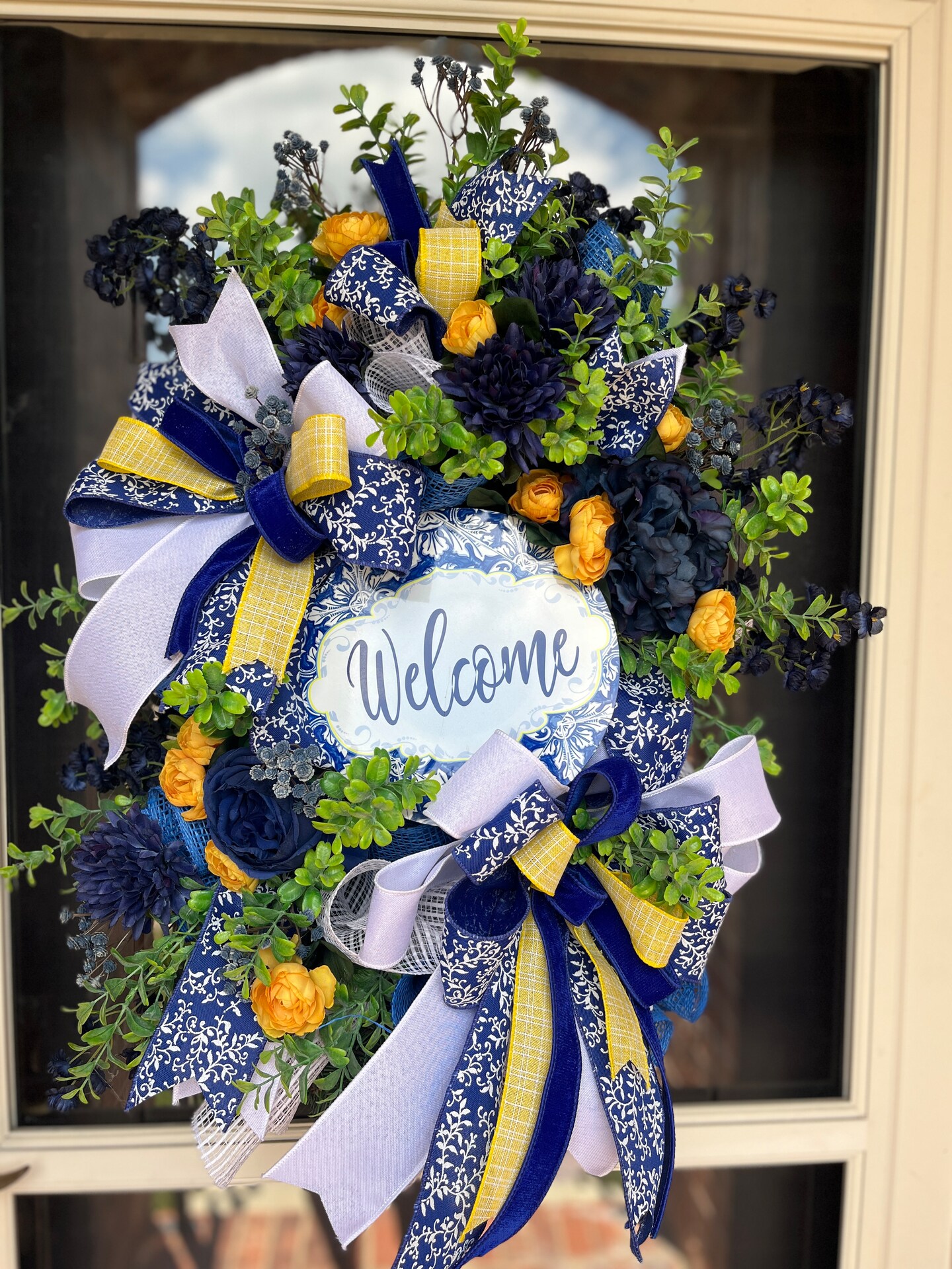 Hotsell Blue year-round wreath, front door wreath, blue,white,gray flower wreath, everyday wreath