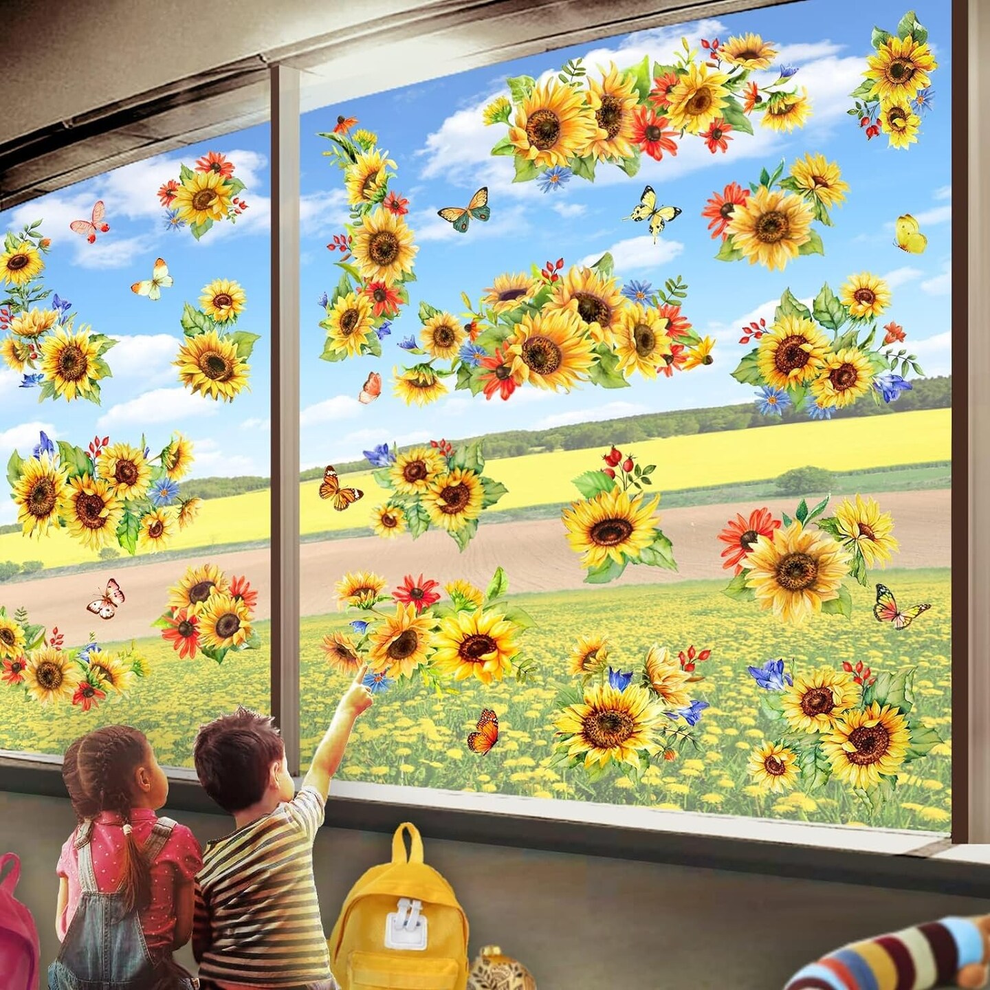 Sunflower Window Cling Spring Decoration Supply Summer window sticker Sunflower window decals Fall Window Decor Autumn clings Holiday Birthday Party Decorating a bedroom, nursery, or living room