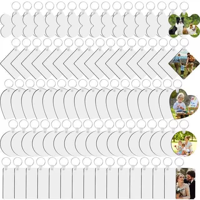 135 Pieces Sublimation Keychain Blanks Bulk,MDF Keychain Double Sided Heat Transfer Keychain Board with Film,Key Rings, Plastic Retaining Clips for DIY and Craft(Round, Rectangle, Bone, Square, Heart)