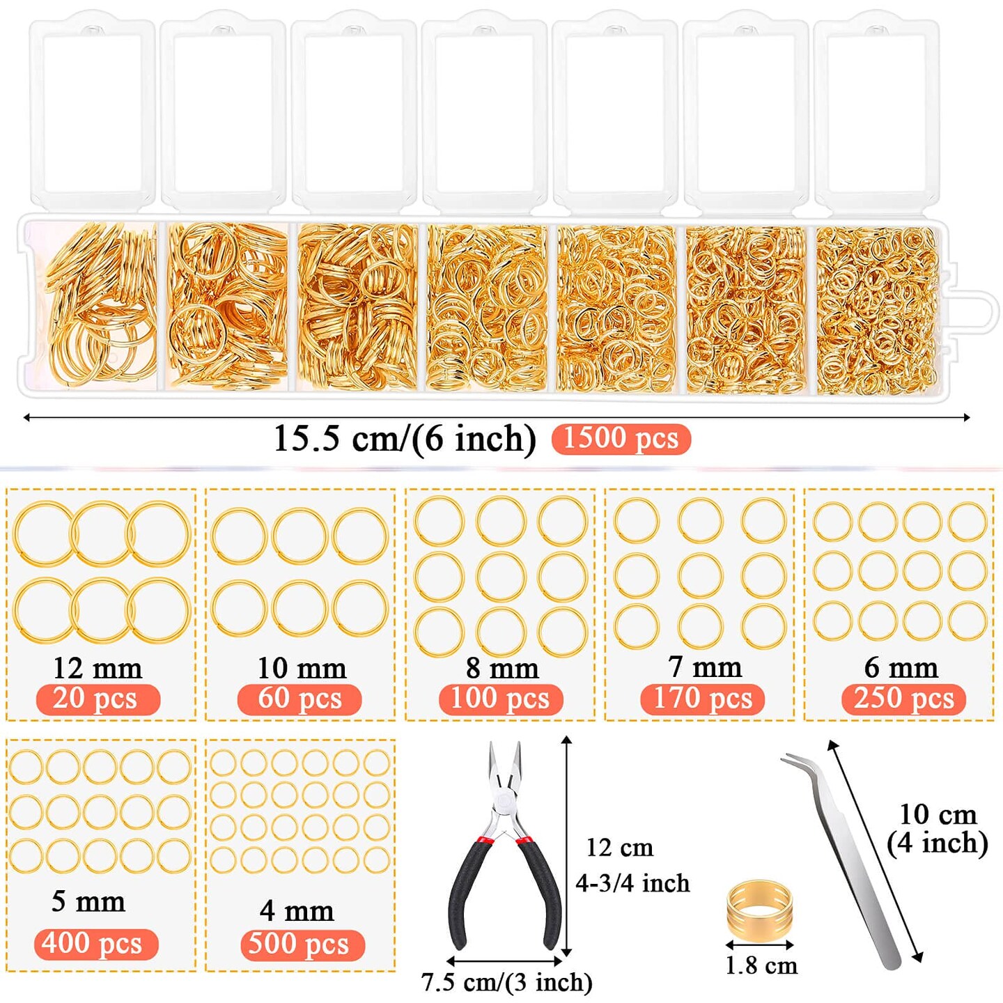 1500 Pieces Gold Jump Rings for Jewelry Making, Jewelry Necklace Repair Kit with Jewelry Making Supplies and Jewelry Pliers for Bangle Charms, Earrings and Nail Piercing