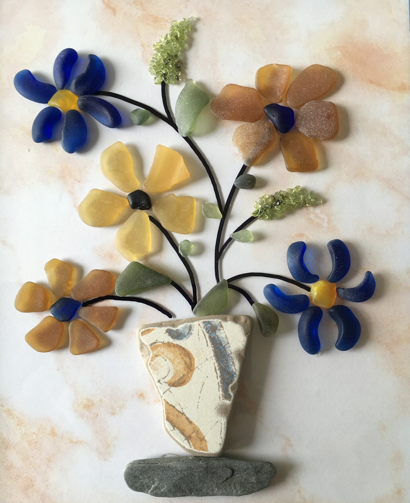 シーグラスアートhirokoponmno91Flowers will bloom SEAGLASS FLOWER ART 31, Floral, Sicilian Sea Pottery, Navy